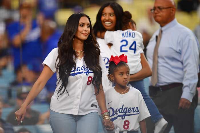 Vanessa Bryant with her three daughters at a Los Angeles Dodgers baseball game.